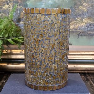 Gold Mosaic Glass Cylinder Vase Candle Holder 8" Tall Votive Tealight Decor